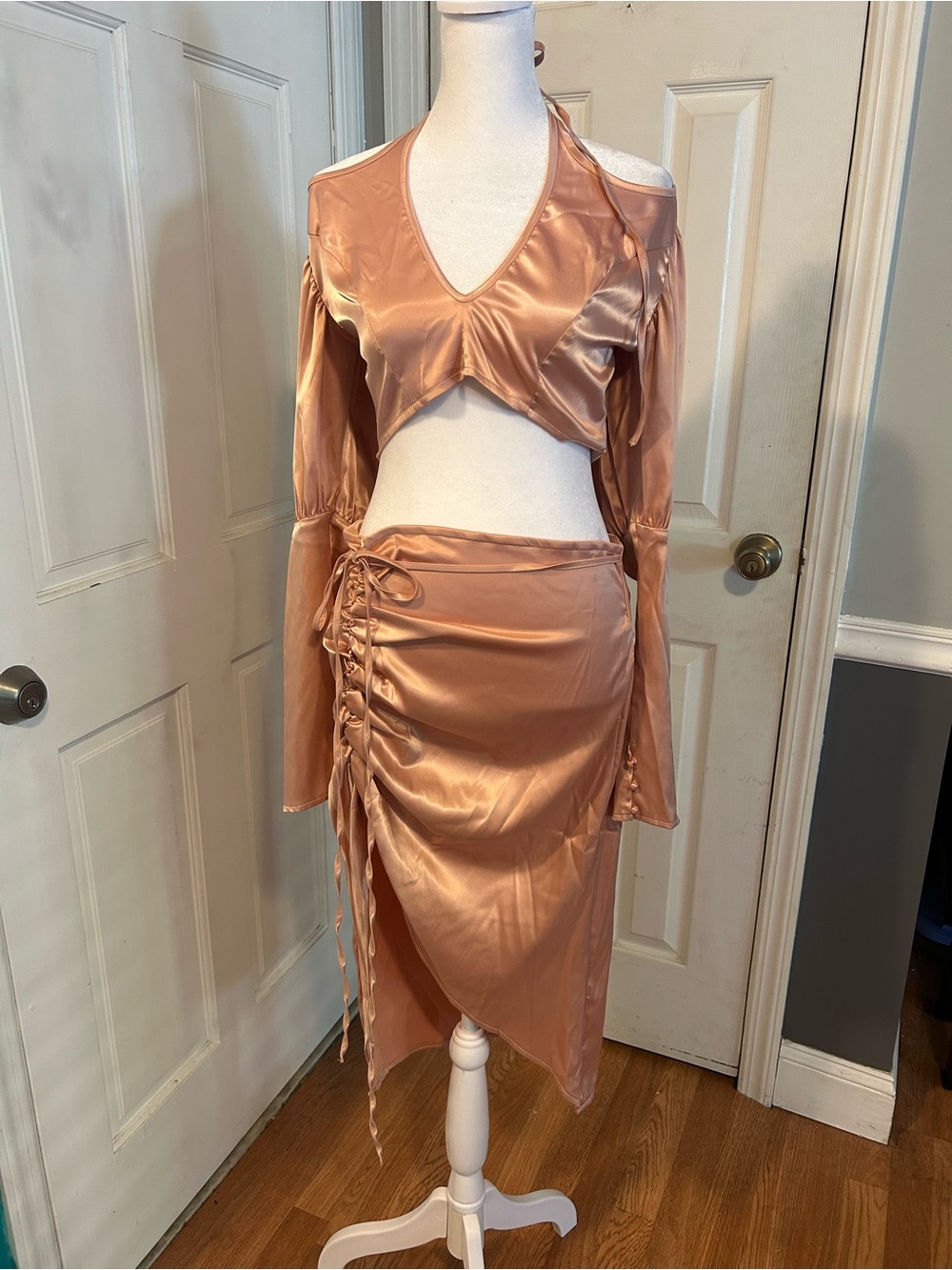 SHEIN Rose Gold Satin High-Low Ruched Skirt & Crop Top Set